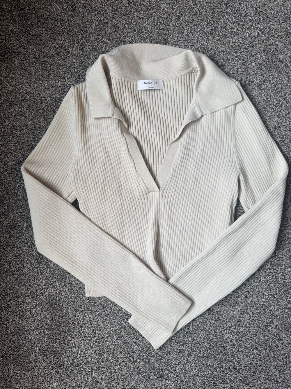 Aritzia Babaton Cream Ribbed Collared V-Neck Knit